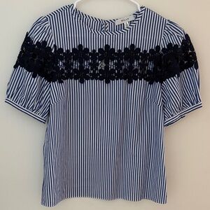 Milly Blue and White Striped Blouse with Navy Lace Inset